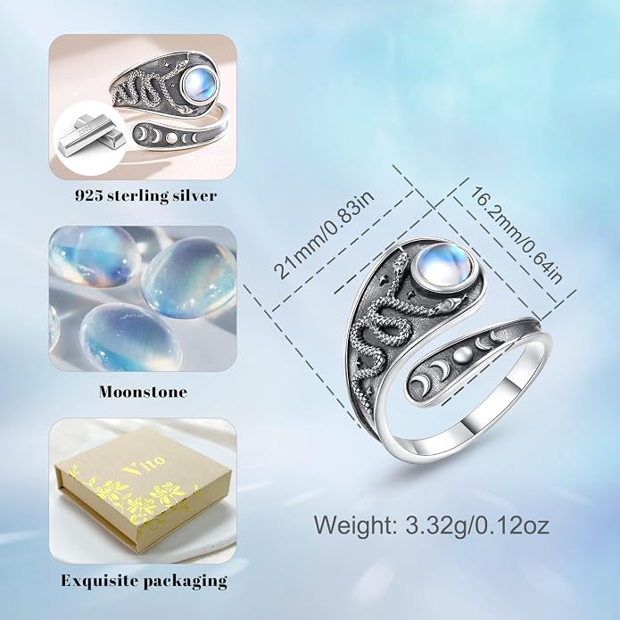 Vito 925 Sterling Silver Adjustable Open Spoon Ring for Women Men, Lotus Sunflower Snake Spoon Band Rings Feather Hug Witches Knot Inspirational Jewelry Gift for Wife