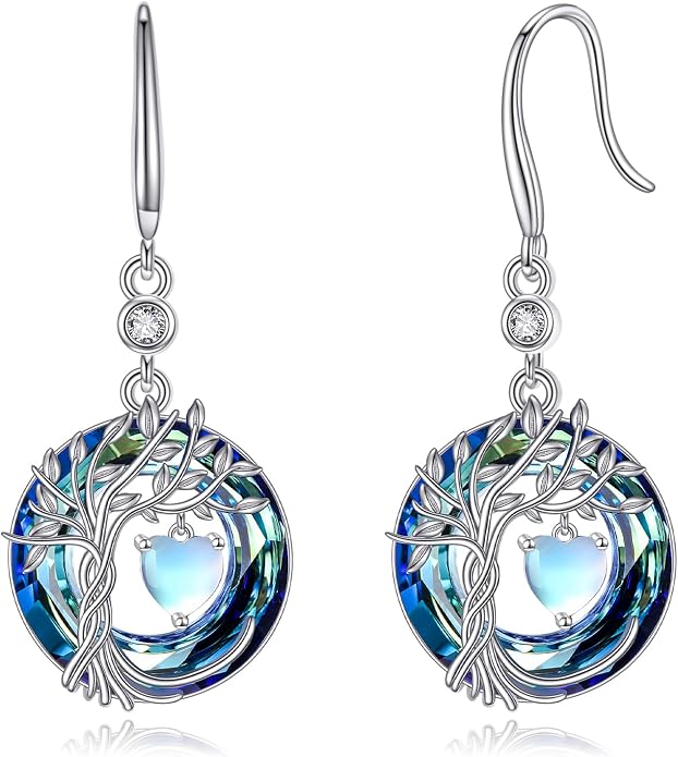 POPLYKE Tree of Life Birthstone Earrings 925 Sterling Silver Dainty Gemstone Birthstone Dangle Drop Earring with Crystal Fine Jewelry Birthday Gifts for Women Her