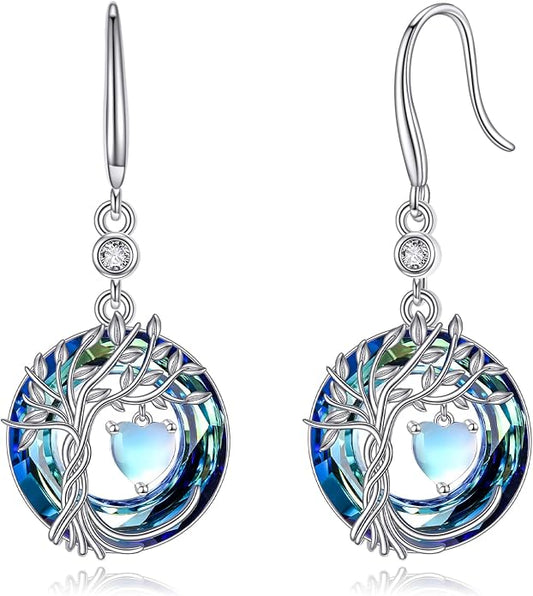 POPLYKE Tree of Life Birthstone Earrings 925 Sterling Silver Dainty Gemstone Birthstone Dangle Drop Earring with Crystal Fine Jewelry Birthday Gifts for Women Her