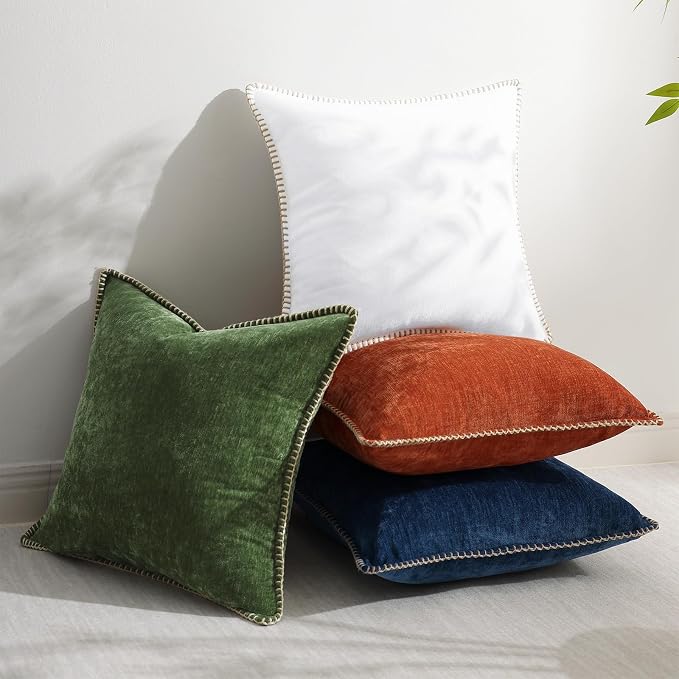 decorUhome Soft Chenille Throw Pillow Covers 22x22 Set of 2 Forest Green | Fall Textured Decorative Throw Pillow Cases Stitched Edge Modern Farmhouse Luxury Boho Velvet for Couch Sofa Bed Home Decor