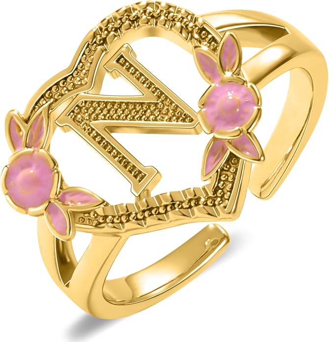 Gold Initial Rings for Women - Non Tarnish Dainty 14K Gold Plated Heart Adjustable Letter Rings for Women, Stackable Cute Thumb Pinky Fashion Open Simple Birthday Gifts Jewelry