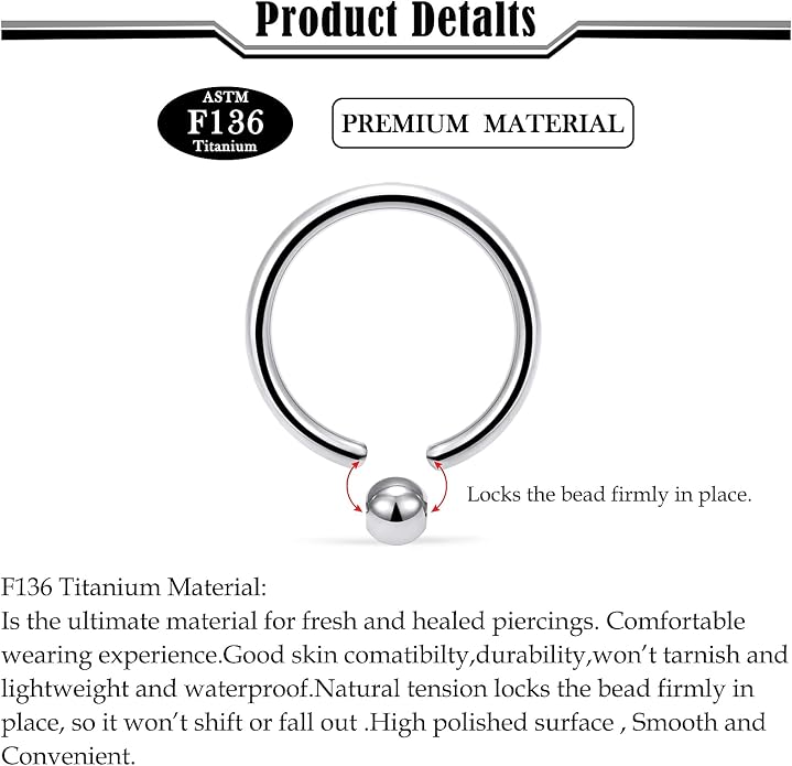 20G-2G ASTM F136 Titanium Septum Rings Nose Ring Hoops Circular Barbell Helix Snug Tragus Rook Daith Cartilage Earring Sneke Bites Lip Ring Hoop Smiley Piercing Jewelry for Women Men 6mm-19mm