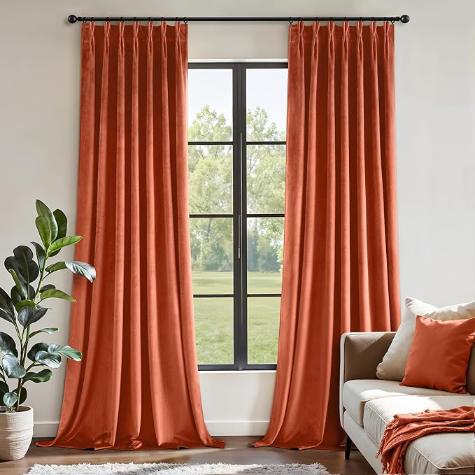 MIULEE Terracotta Velvet Curtains 90 inches Long, Pinch Pleated Blackout Fall Drapes with Hooks, Thermal Insulated Pinch Pleat Panels for Bedroom Living Room, 2 Panels