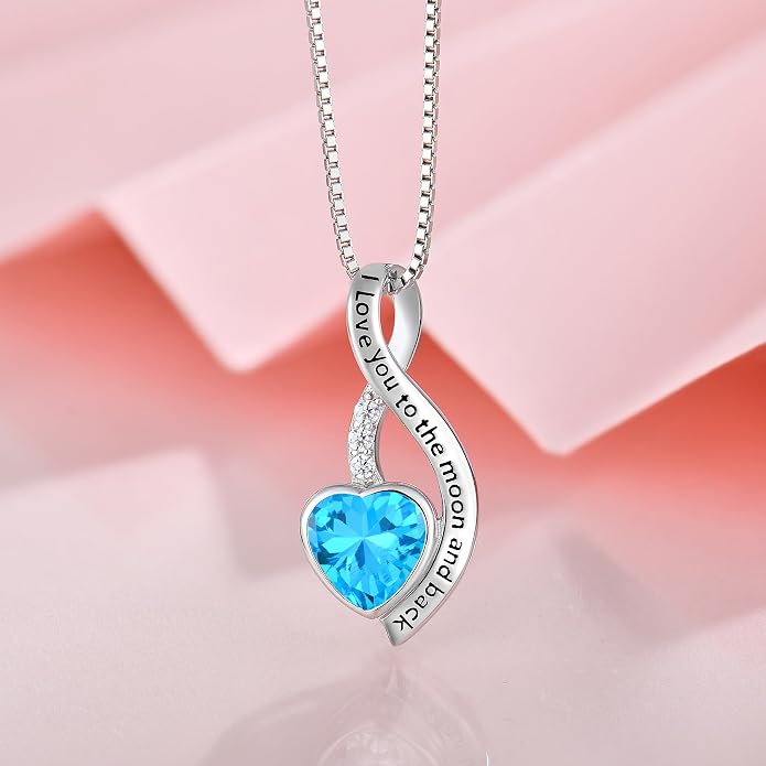 I Love You to The Moon and Back Necklace for Women, 925 Sterling Silver Heart Birthstone Pendant Necklace Jewelry Anniversary Birthday Gifts for Girls Women Wife Mom Daughter