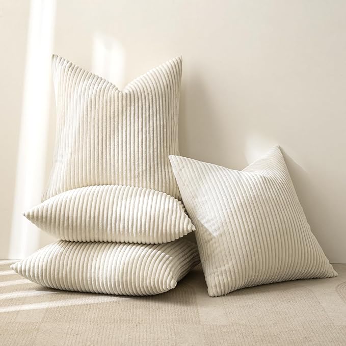 MIULEE Boho Farmhouse Throw Pillow Covers 18x18 Inch Set of 4 Mordern Nordic Cushion Covers Soft Corduroy Spring Home Decor for Couch Bed Sofa Living Room Cream White