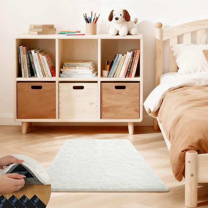 Cream White Rugs for Bedroom, 2x3 Fluffy Area Rugs for Living Room, Small Fuzzy Shag Soft Carpet with 4 Non-Slip Adhesive Strips for Kids Boys and Girls Nursery Dorm Home Decor (2ft X 3ft)