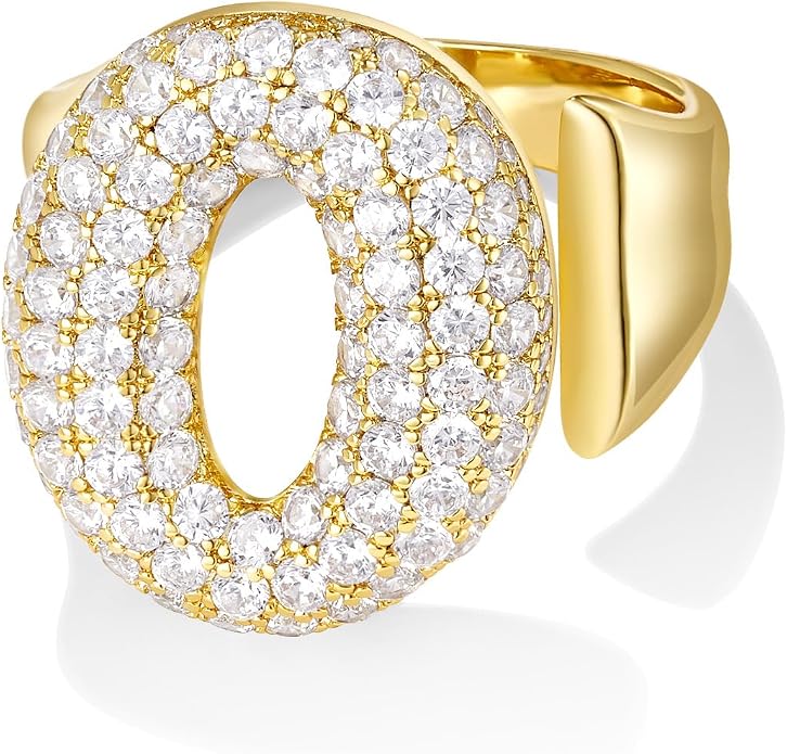 KissYan Bubble Initial Ring for Women, 14K Gold Plate Balloon Jumbo Letter Rings Open Adjustable Dainty Pave CZ Personalized Fashion Jewelry Gift for Mother's Day
