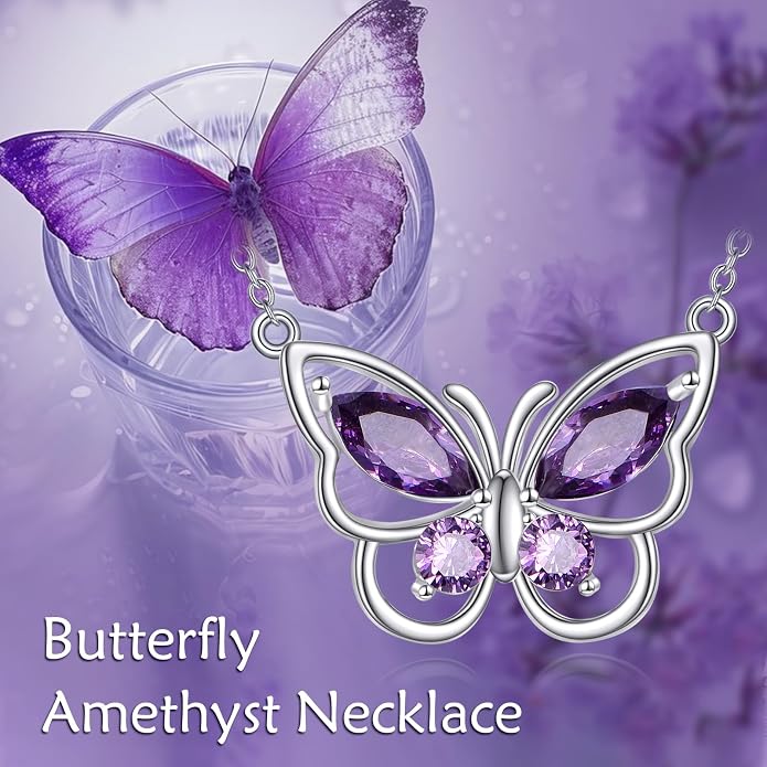 Butterfly Necklace for Women 925 Sterling Silver Crystal Butterfly Pendant Birthstone Amethyst Jewelry Gift