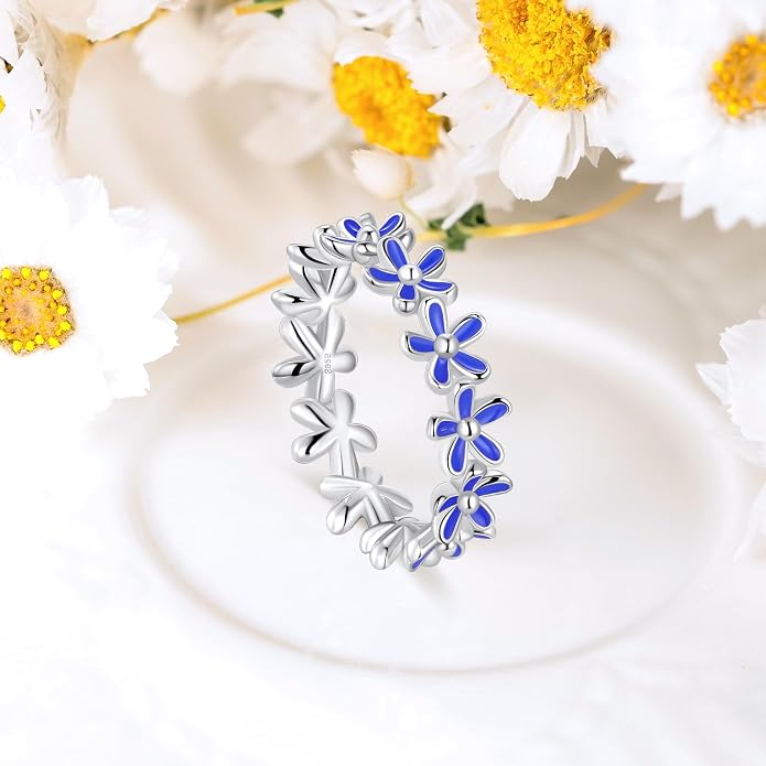 S925 Sterling Silver Dainty Daisy Flower Rings for Women, I Think Of You Every Daisy, 12 Month Birth Flower Ring