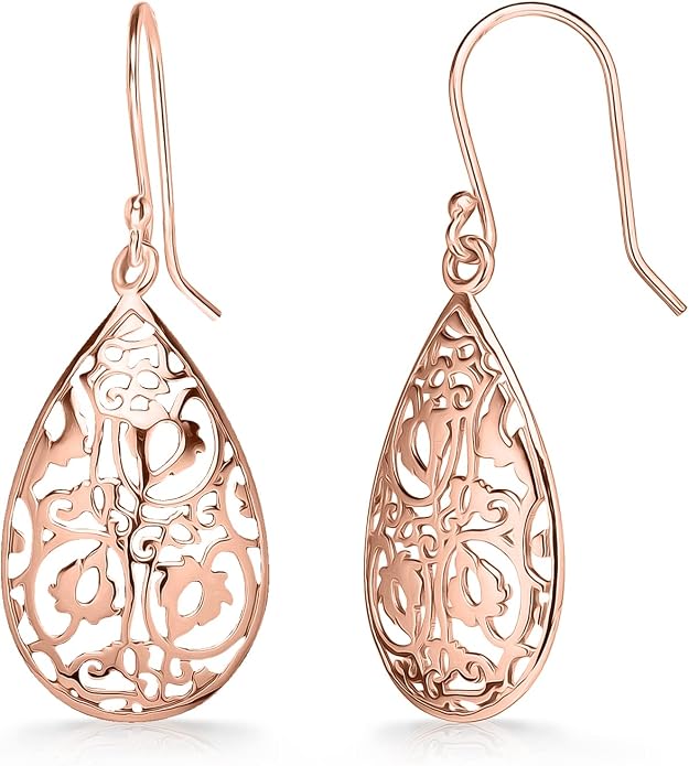 Sterling Silver Tear Drop Dangle Filigree Earrings for Women – boho and Chic Pear Shape Hook Earrings with Thin and Lightweight Hook