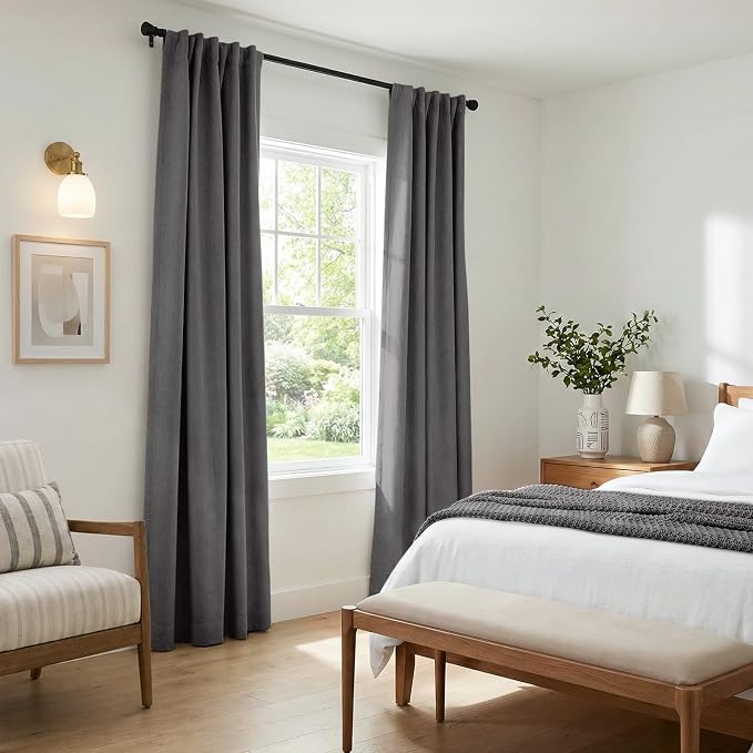 INOVADAY 100% Blackout Curtains 90 Inches Length 2 Panels Set, Back Tab/Rod Pocket Linen Black Out Curtains for Bedroom, Thermal Insulated Window Drapes - Dark Grey, W50 X L90