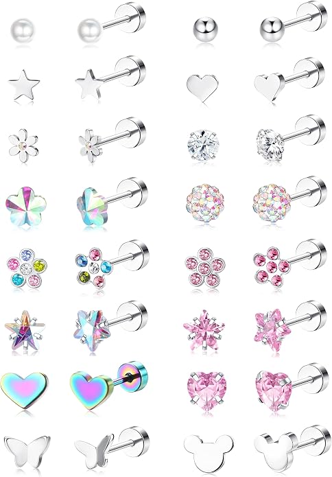 CASSIECA 16 Pairs Hypoallergenic Screw Back Earrings for Women Girls 316L Stainless Steel CZ Ball Heart Flower Screwback Flat Back Stud Earrings Jewelry Gift Women Multicolored Pink