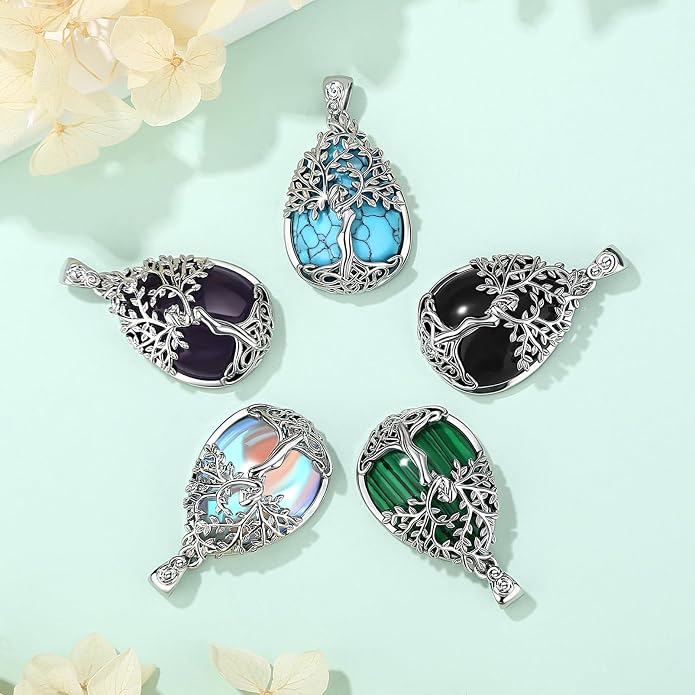 EUDORA Tree of Life Necklace with Moonstone Amethyst Obsidian Turquoise Healing Crystal for Women, Silver Plated Copper Mother Tree of Life Pendant Amulet Energy Jewelry, Gift for Women Mom, 20"+2"
