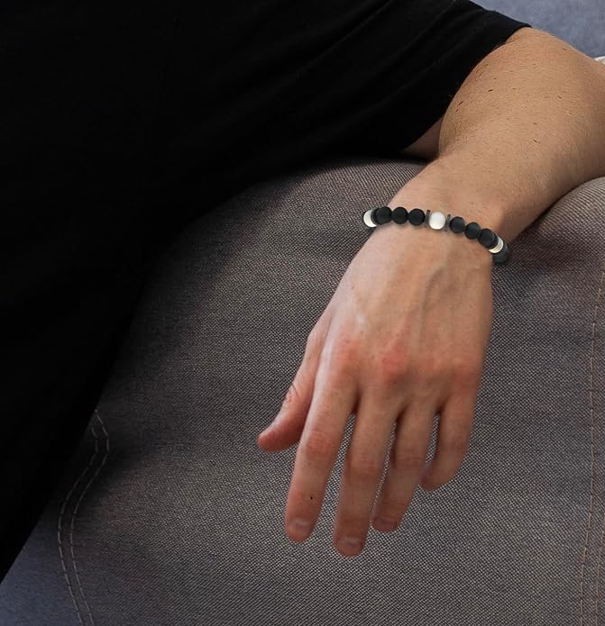Mens Beaded Bracelet - Stone Jewelry, Black Onyx Hematite Bracelets, Mens Accessories, Adjustable