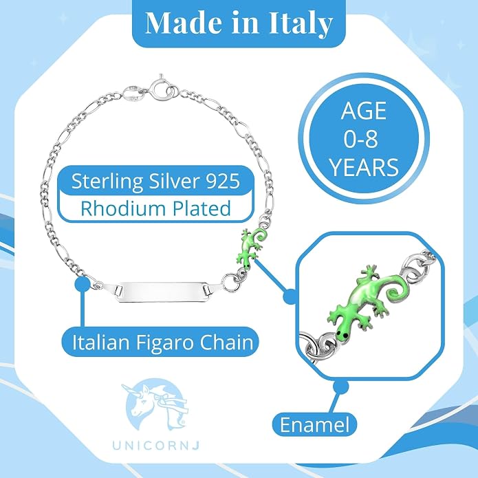 UNICORNJ 925 Italy Sterling Silver Child or Baby Name Bracelet Girls Boys, Personalized Engraved Kids ID Bracelets, 6.5" Figaro Chain, Enamel Charm Newborn Infant Toddler Kid Jewelry