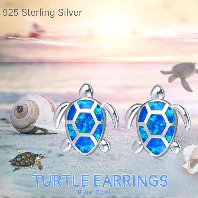 Sea Turtle Earrings,Sterling Silver Hawaiian Beach Themed Stud Earrings Tortoise Animals Drop Dangle Blue Opal Ocean Tarnish Resistant Jewelry Gifts for Women Girlfriend Mom Mother Sister