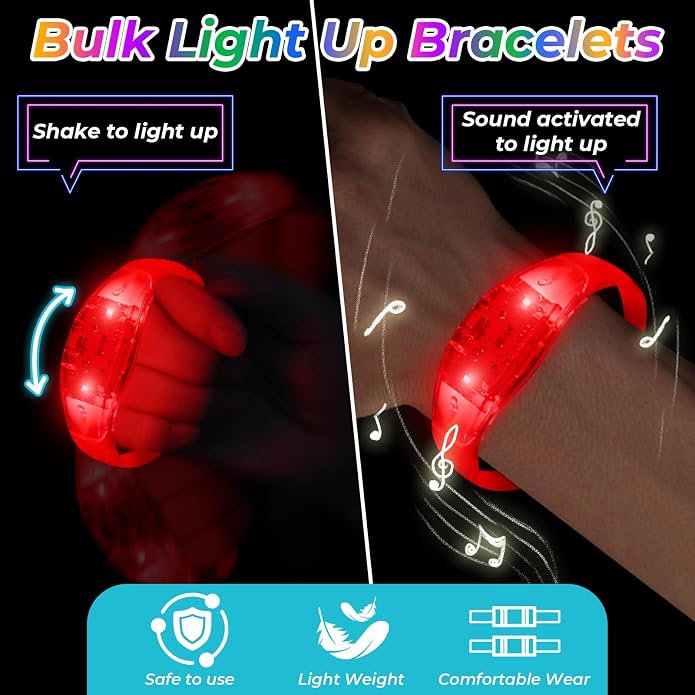 24 Pack Light UP Bracelets Sound Activated Flashing Wristbands Music Control Glow in the Dark Bracelets for Rave Game Prizes Carnival Concerts Night Events Mardi Gras Party Favors
