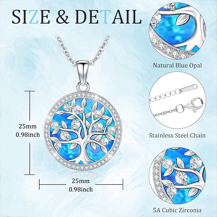 Aniu Tree of Life Necklace for Women, 925 Sterling Silver Mother of Pearl Family Palm Tree Charm Pendant Jewelry for Birthday Christmas Gift