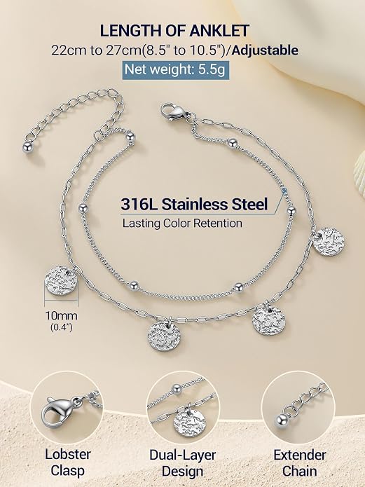 PROSTEEL Ankle Bracelets for Women Waterproof, Layered Stainless Steel Summer Beach anklets, Silver/Gold 8-10.5 Inch Adjustable, Come with Box