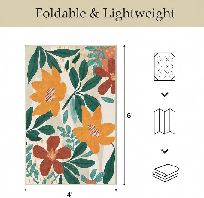 GENIMO 4x6 Outdoor Rug, Washable for Porch and Patio, Teal Orange | Floral design for balcony; fade resistant chenille with quick-dry non-slip backing for deck and indoor space