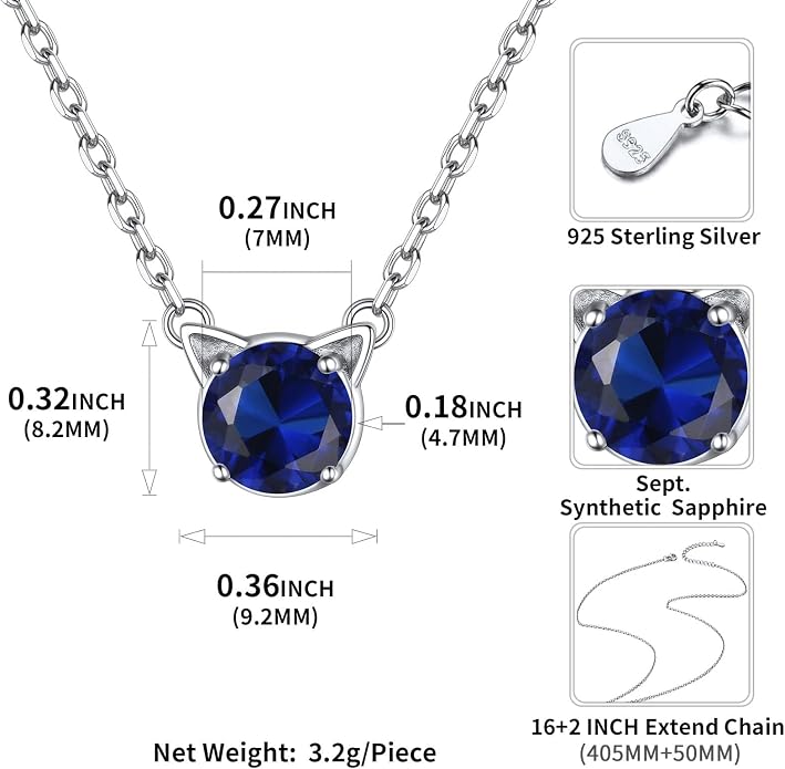 ChicSilver Bow and Cat Birthstone Necklace, 925 Sterling Silver Pendant Necklaces for Women, Hypoallergenic Silver Choker with 16 inch Rolo Chain, 12 Months Jewelry for Valentines Mothers Day Christmas