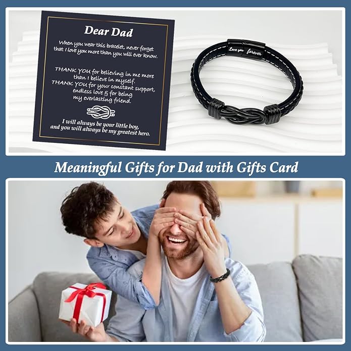 Gifts for Men Infinity Leather Bracelet for Dad New Daddy Husband Boyfriend Son Grandson Brother Nephew Uncle Black Braided Engraved Leather Jewelry Gifts for Fathers Day Birthday Christmas