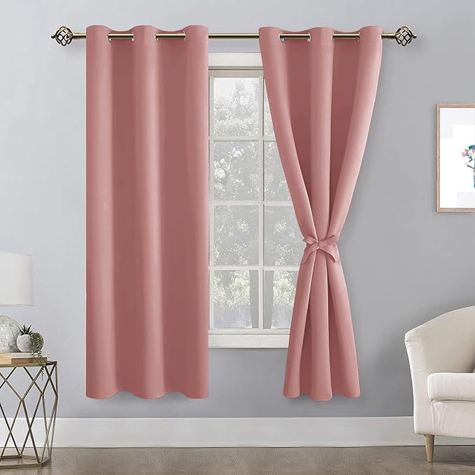 Hiasan Room Darkening Window Curtains for Bedroom, Thermal Insulated, Energy Saving Blackout Curtains, Set of 2 Panels, Sewn with Tiebacks, Grommet Top (Dusty Rose, Width 42 Inch x Length 63 Inch)