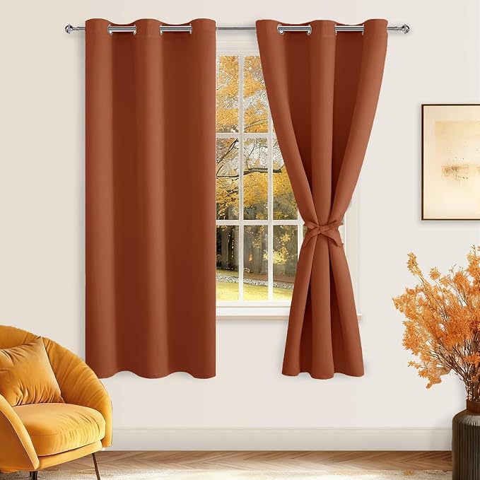 Hiasan Fall Blackout Curtains for Bedroom, 42 x 72 Inches Long - Thermal Insulated & Light Blocking Window Curtains for Living Room Home Decor, 2 Drape Panels Sewn with Tiebacks, Burnt Ochre