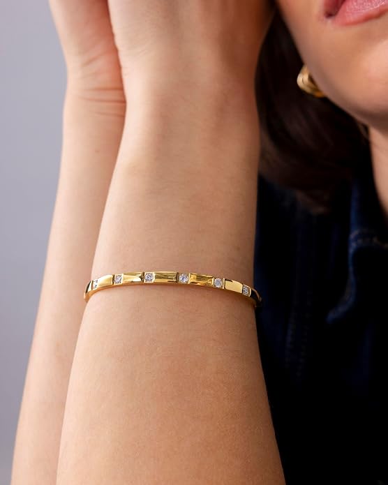 PAVOI Waterproof Thin Love Bracelet for Women - 14K Gold Plated Dainty Love Bangle with Cubic Zirconia - Stainless Steel Hinge Bracelet Jewelry Gifts