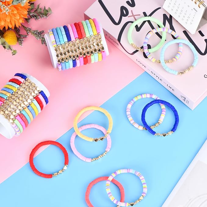 96 Pcs Colorful Friendship Heart Bracelets, Cute Clay Beads Bracelet Bulk Colorful Heart Friendship Surfer Bracelets for Women Stackable Bohemian Summer Beach Party, Valentine's Day, Birthday Gifts