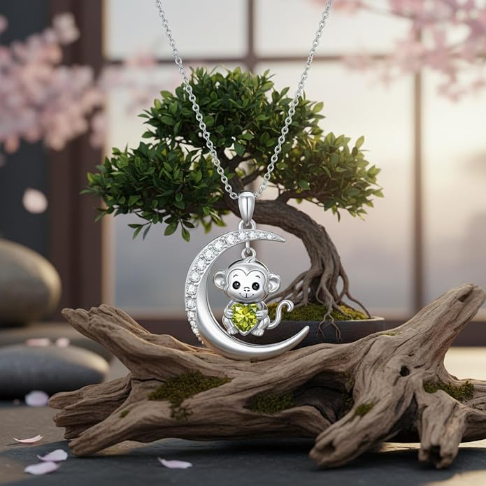 PROESS Animal Birthstone Necklace 925 Sterling Silver Otter/Axolotl/Hippo/Elephant/Dachshund/Monkey/Red Panda Pendant Necklace Animal Birthstone Jewelry Gifts for Women