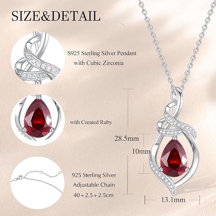 FANCIME Teardrop Birthstone Necklace for Women S925 Sterling Silver Elegant Ribbon Pendent Necklace Birthday Jewelry Gifts for Mom Wife Her, 16"+2" Inches