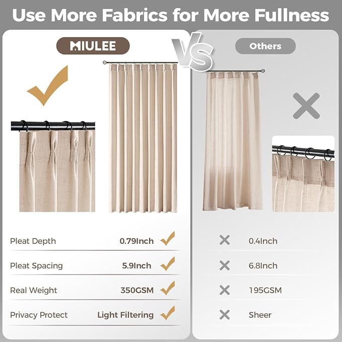 MIULEE Pinch Pleated Thick Linen Curtains 84 Inches Long 2 Panels for Living Room Bedroom, Linen Textured Memory Trained Drapes Pleat Back Tab Light Filtering Sand Beige Window Curtains with Hooks