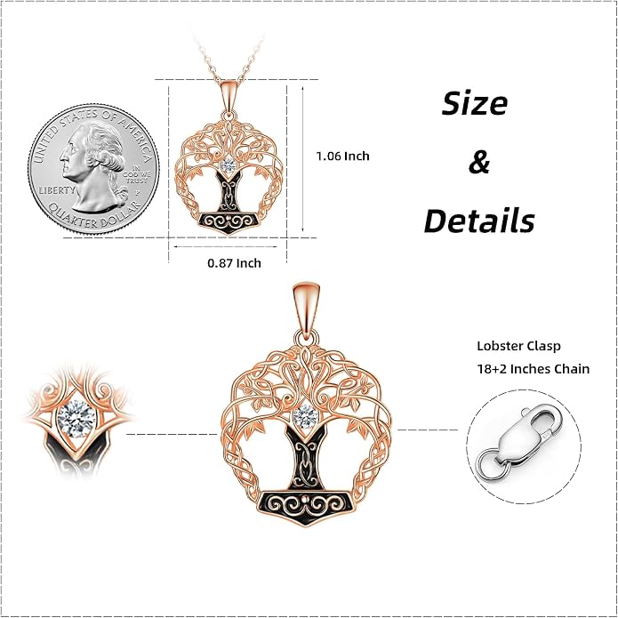 Tree of Life Thor Hammer Pendant Necklace for Women Sterling Silver S925 Jewelry for Women US1