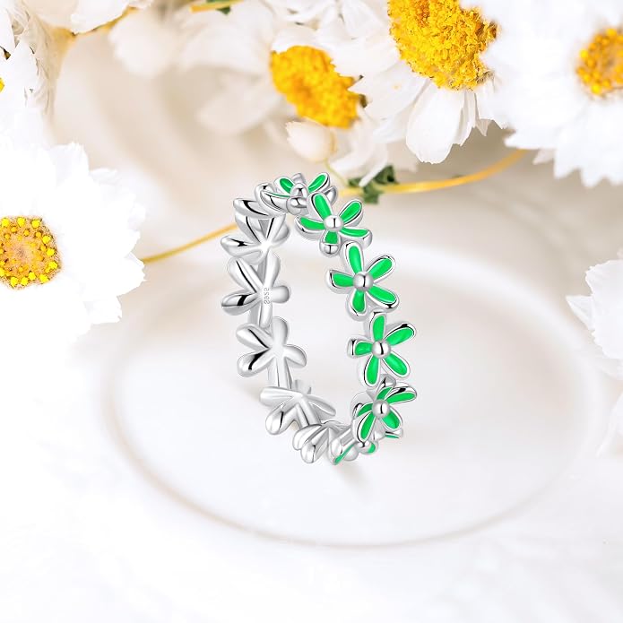 S925 Sterling Silver Dainty Daisy Flower Rings for Women, I Think Of You Every Daisy, 12 Month Birth Flower Ring
