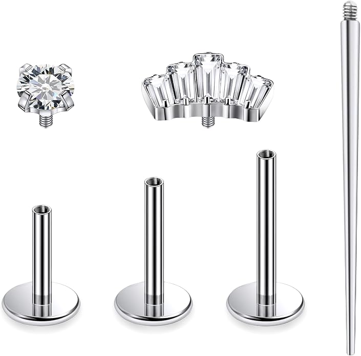 Ruifan Titanium Flat Back Lip Rings Internally Threaded Earrings Studs Nose Rings 16G Opal CZ Tragus Cartilage Lobe Rook Helix Conch Labret Medusa Piercing Jewelry for Women Men W Piercing Taper Set