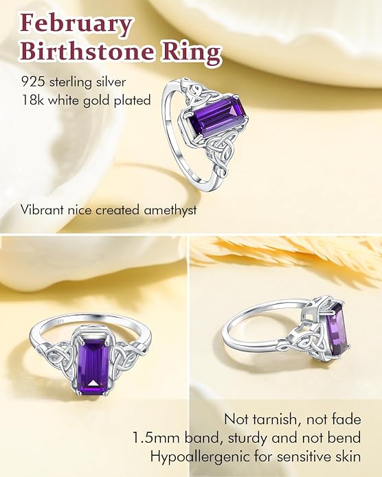 DAYBYDAY Celtic Birthstone Rings for Women, 925 Sterling Silver/18K Gold Plated Emerald Cut Celtic Knot Engagement Wedding Ring, Square Created Gemstone Promise Rings for Her Size 6-10