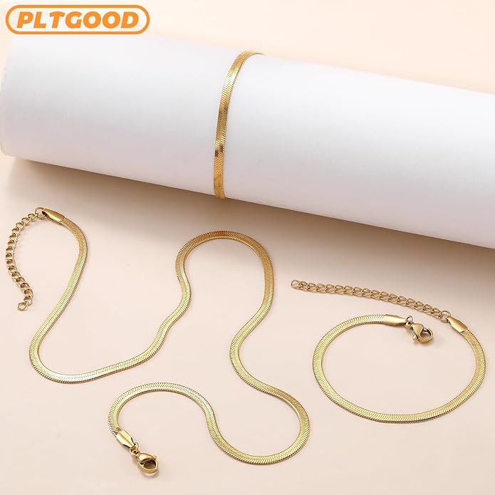 Necklaces For Women 18K Gold Plated Choker Necklace Herringbone Necklace For Women Snake Chain Necklace And Bracelet Set Jewelry for Gifts