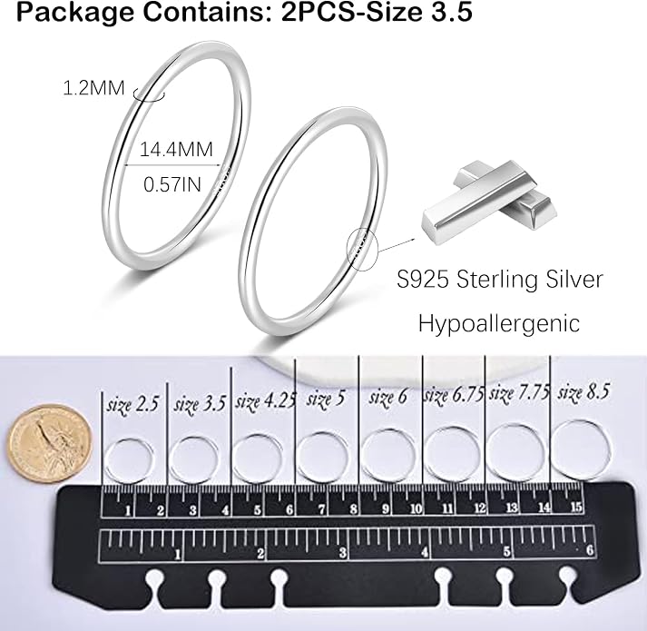 CANDYFANCY 925 Sterling Silver 1.2mm Stacking Midi Thin Rings Thumb Pinky Ring Stack Knuckle Rings for Women Band Ring Size 2.5-8.5