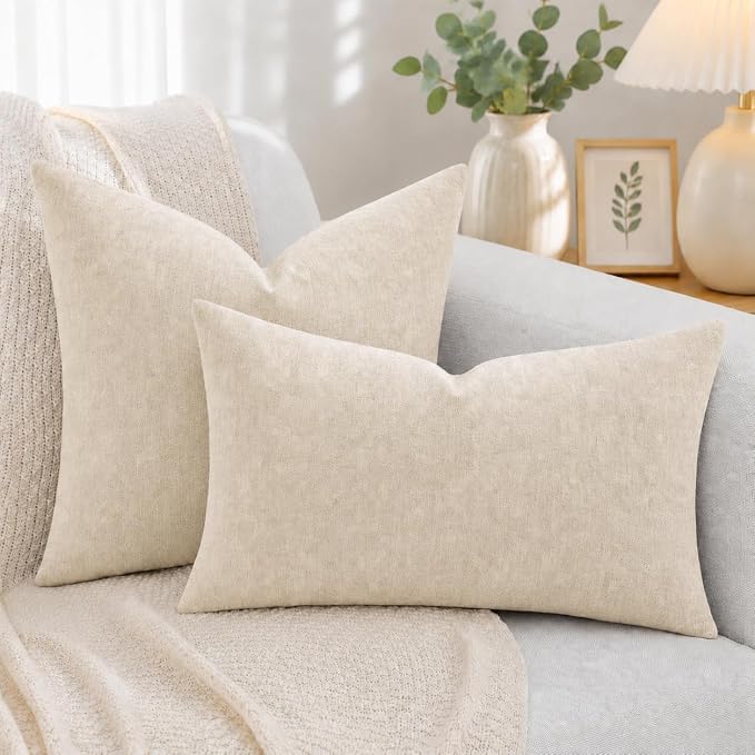 decorUhome Soft Chenille Beige Throw Pillow Covers 26X26 Set of 2 | Decorative Fall Couch Pillow Covers Solid Dyed Accent Modern Euro Sham Farmhouse Neutral Square Pillow Cases for Sofa