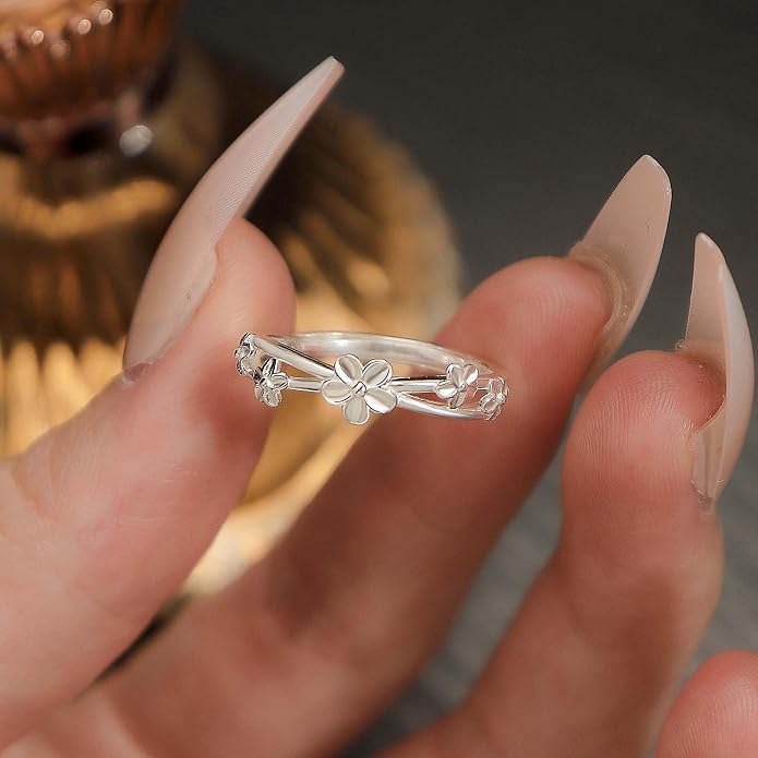Adjustable Flower 925 Sterling Silver Ring for Women Daisy Plumeria Flower Stacking Open Statement Finger Rings Wedding Engagement Promise Bands Dainty Jewelry Gifts Daughter Birthday