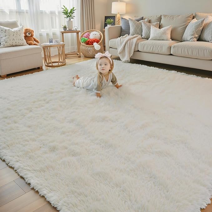 Area Rugs 9x12 Living Room, Large Area Rug Shaggy Carpet Soft Plush Furry Bedside Rug, Machine Washable Area Rugs for Bedroom Home Decor Non-Slip(9 x 12, Cream)