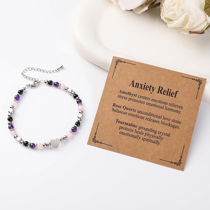 Jardme Natural Healing Crystals Bracelets for Women, Anxiety Relief Triple Protection Good Luck, Kalm Bracelet, Inspirational Spiritual Jewelry Gift for Friends Daughter Mom 6.5+2 Inches