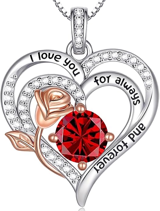 Birthstone Heart Necklaces for Women 925 Sterling Silver Fine Jewelry Rose Pendant Necklace Anniversary Birthday Mothers Day Gifts Her Wife Women Mom Daughter
