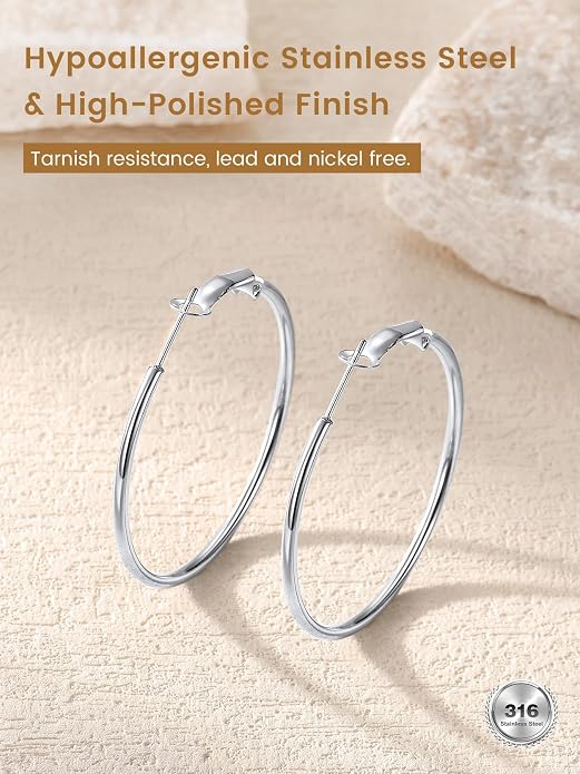 KeyStyle Gold Hoop Earrings for Women, Stainless Steel Hoops Earring Lightweight Loops, 2 mm Thick Hypoallergenic Circle Endless Thin Hoop (20/30/40/50/60/70/80/90/mm)