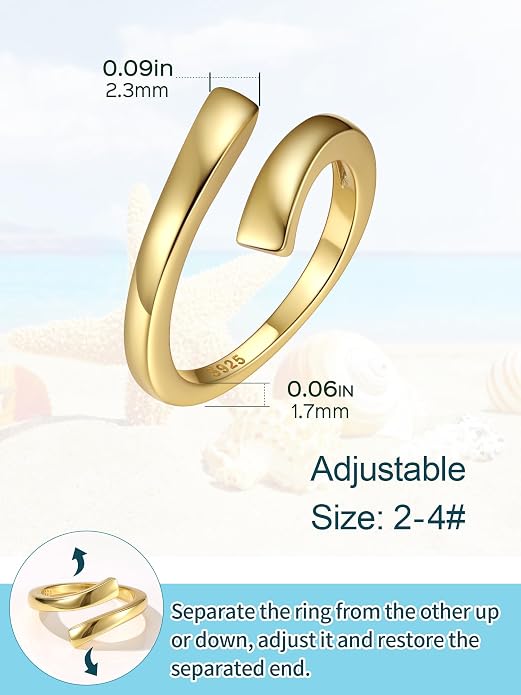 ChicSilver Sterling Silver Toe Rings for Women 14K Gold Plated Toe Rings for Women Open Adjustable Toe Ring for Women Toe Jewelry for Summer Beach