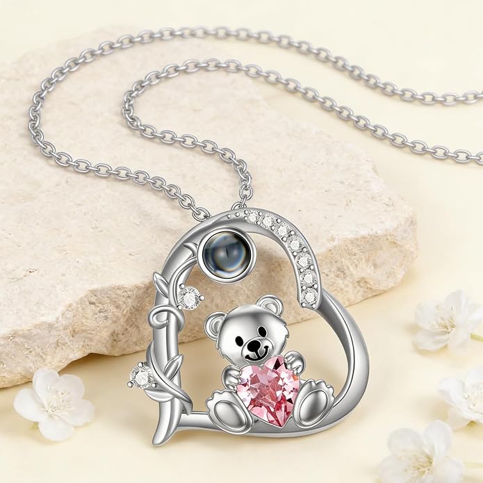 PELOVNY Teddy Bear Necklace for Women 925 Sterling Silver Bear/Highland Cow/Fox/Cat/Axolotl Birthstone Necklace Christmas Birthday Jewelry Gifts for Mom Daughter Wife Sister
