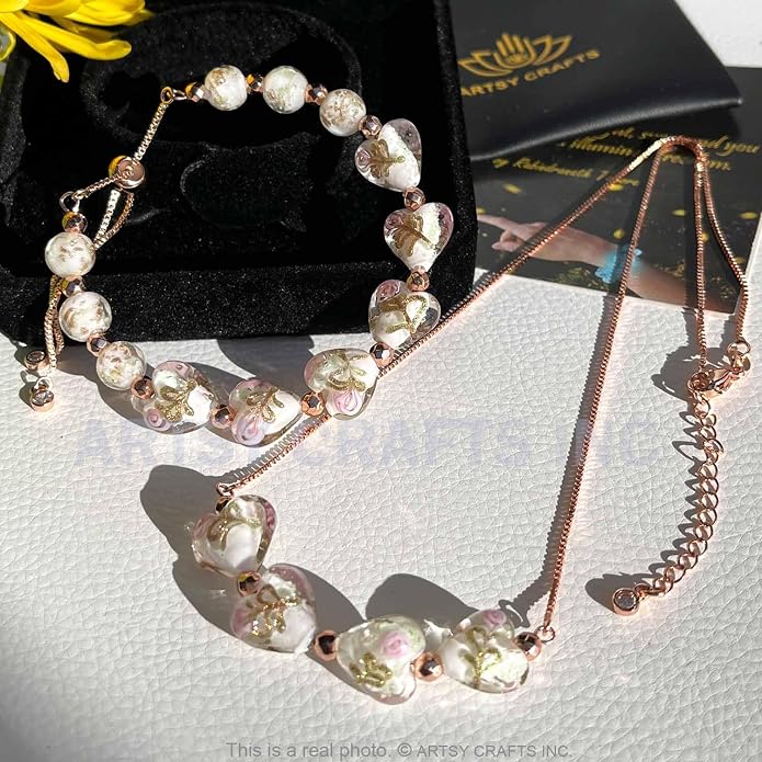 ARTSY Crafts Glow in the Dark Heart Shaped Glass Bead Bracelets & Necklaces, Handmade in USA