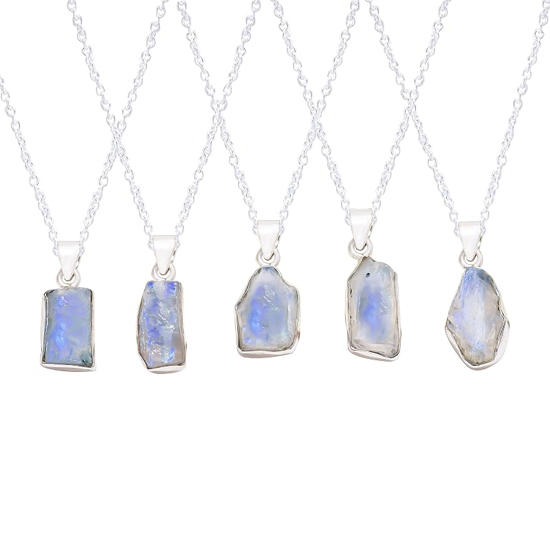 Natural Real Raw Rainbow Moonstone Crystals Bezel Pendant Necklace, Healing Rough Gemstone, 925 Sterling Silver Jewelry 18 inch