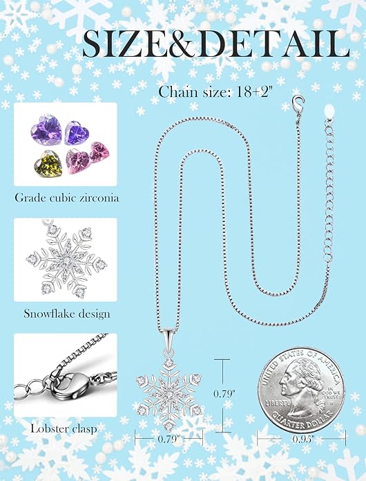 PYNYZ Snowflake Necklace 925 Sterling Silver Snoefalke Birthstone Pendant Christmas Jewelry for Women